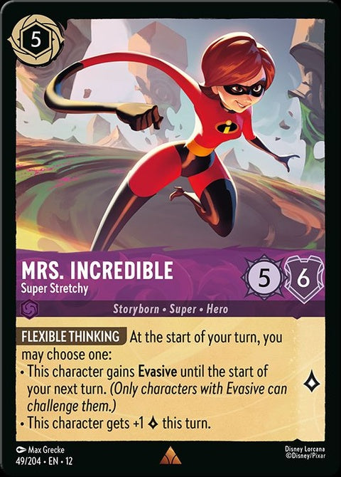 Mrs. Incredible Super Stretchy Disney Lorcana singles card featuring the iconic superhero in a dynamic pose.