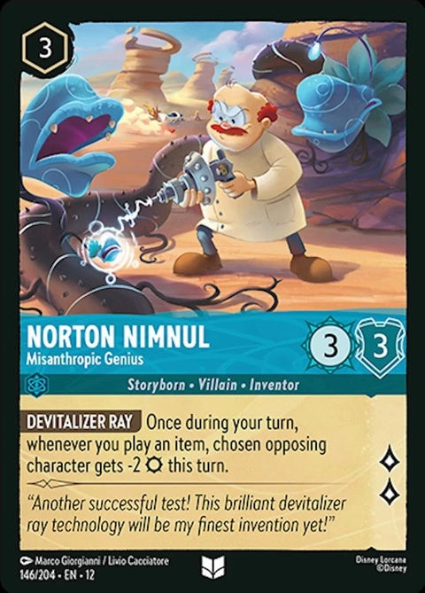 Disney Lorcana Norton Nimnul - Misanthropic Genius singles card featuring artwork of the quirky scientist character.
