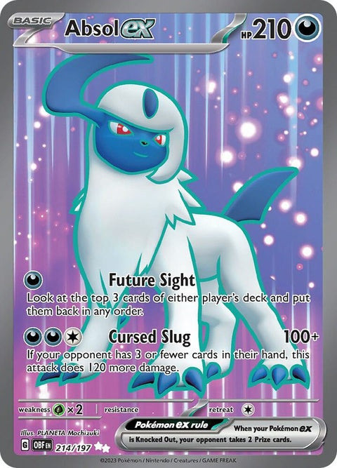 Pokémon Obsidian Flames Absol EX 214 card featuring a fierce Absol Pokémon with fiery background and bold artwork.