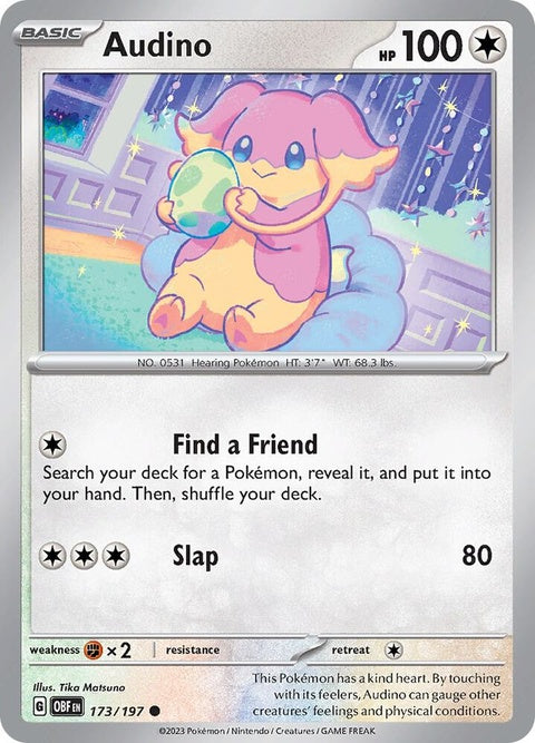 Pokémon Obsidian Flames Audino 173 single card, featuring detailed artwork of the Pokémon Audino from the Obsidian Flames set.