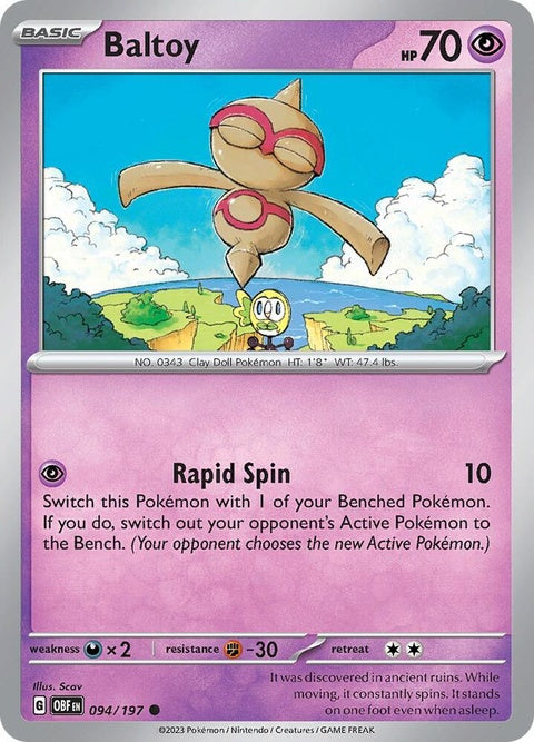 Pokémon Obsidian Flames Baltoy card, single trading card featuring Baltoy in vibrant colors with detailed artwork.