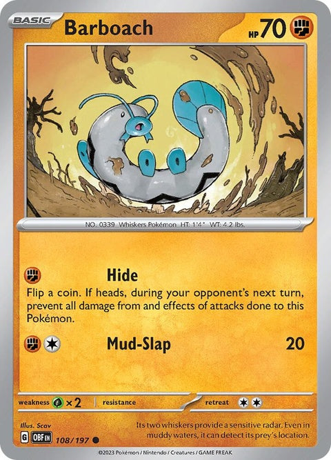 Pokémon Obsidian Flames Barboach single card featuring artwork of the water and ground type Pokémon.