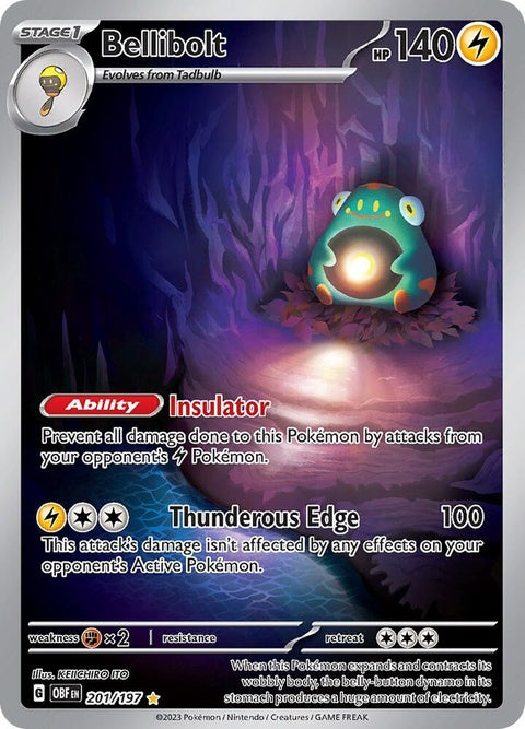 Pokémon Obsidian Flames Bellibolt 201 single card featuring the electric Pokémon with vibrant artwork.