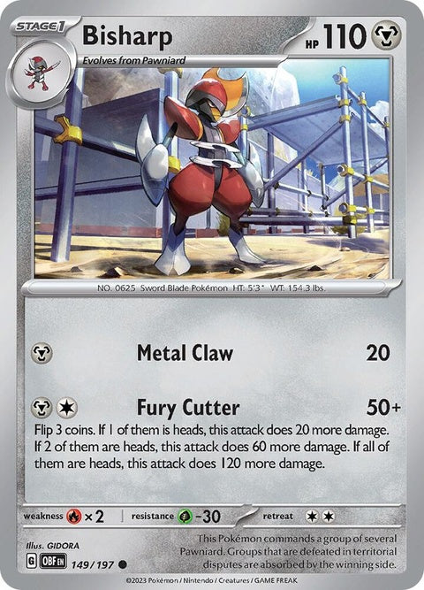 Pokémon Obsidian Flames Bisharp card, featuring detailed artwork of the dark steel-type Pokémon with sharp blades.
