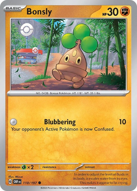 Pokémon Obsidian Flames Bonsly 110 card, single trading card featuring Bonsly in vibrant colors from the Pokémon series.