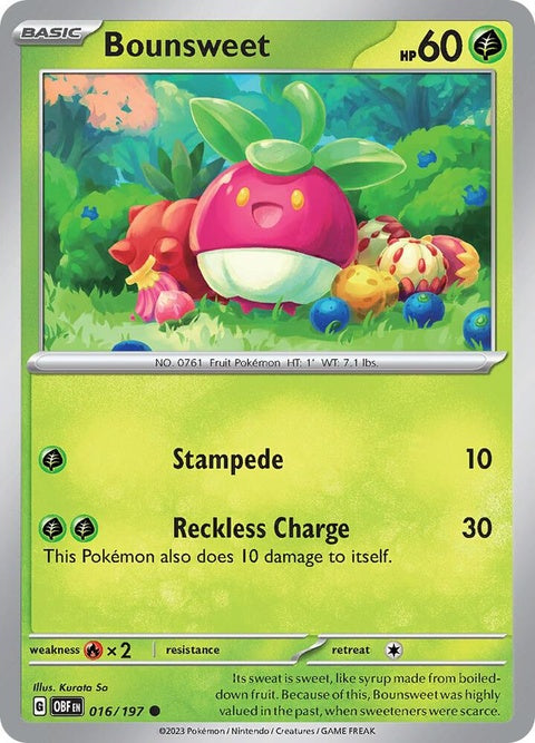 Pokémon Obsidian Flames Bounsweet single card, featuring colorful artwork of the Grass-type Pokémon.