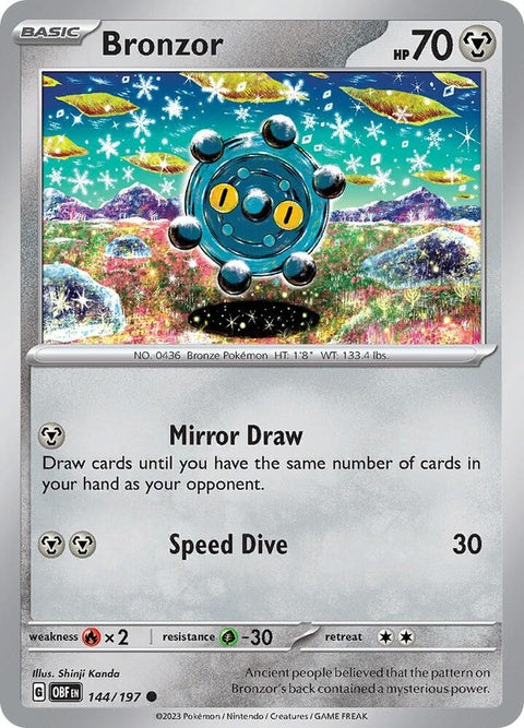 Pokémon Obsidian Flames Bronzor 144 single card, featuring detailed artwork of the Steel/Psychic type Pokémon.