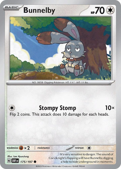 Pokémon Obsidian Flames Bunnelby card, a single trading card with colorful artwork featuring the Pokémon Bunnelby.