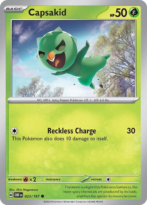 Pokémon Obsidian Flames Capsakid 23 single card featuring Capsakid Pokémon in vibrant artwork.
