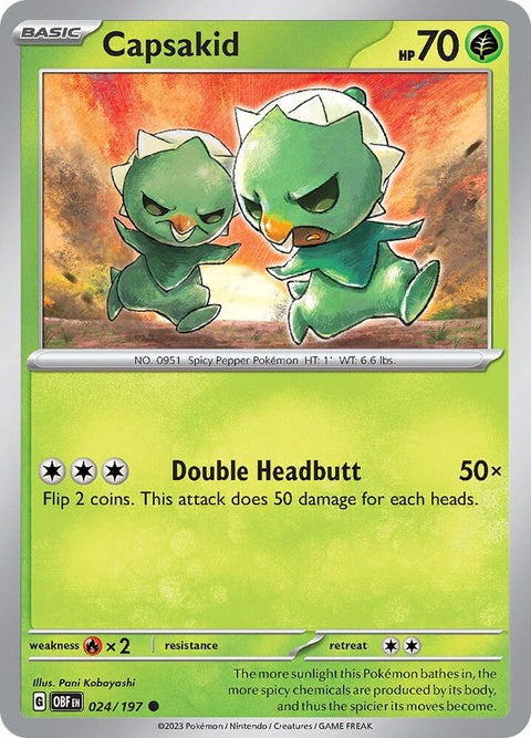 Pokémon Obsidian Flames Capsakid single card, vibrant illustration featuring the Pokémon on a fiery background.