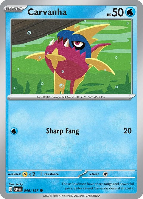 Pokémon Obsidian Flames Carvanha single card, featuring detailed artwork of the Water-type Pokémon on a fiery background.