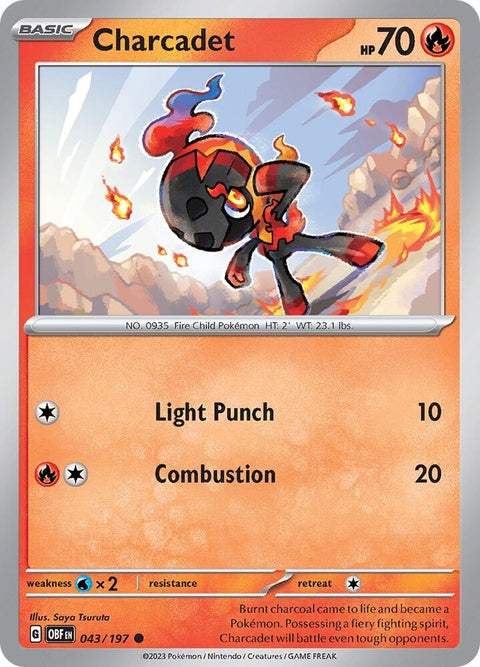 Pokémon Obsidian Flames Charcadet single card, detailed artwork featuring a fiery Pokémon in a dynamic pose.