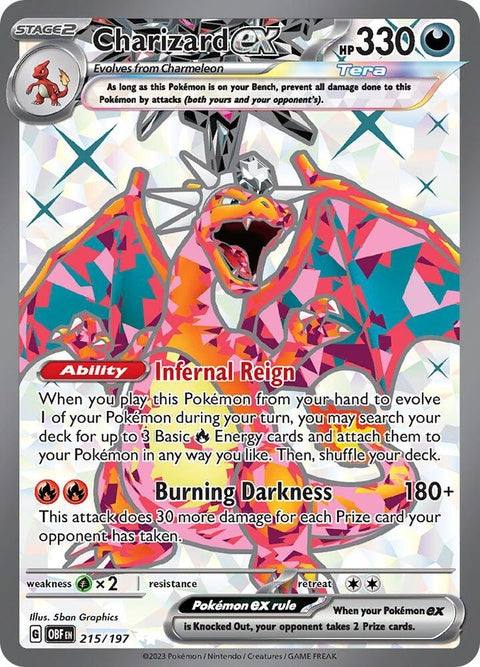 Pokémon Obsidian Flames Charizard EX trading card, featuring Charizard in dynamic artwork from the Singles Pokémon series.