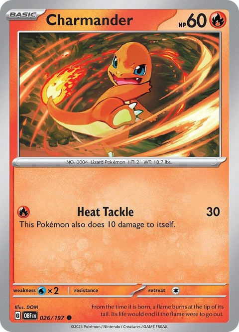 Pokémon Obsidian Flames Charmander single card with vibrant artwork and game details on a white background.