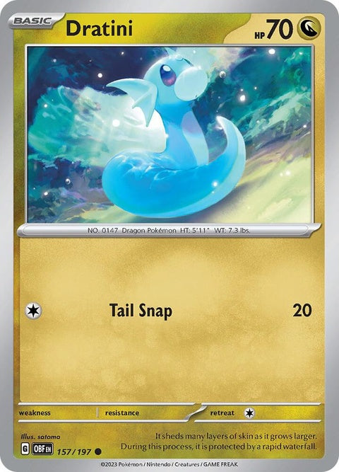 Pokémon Obsidian Flames Dratini single card, featuring detailed artwork of the Dragon-type Pokémon.