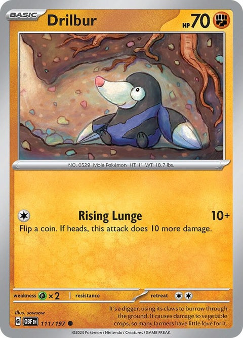Pokémon Obsidian Flames Drilbur single card featuring artwork of a small burrowing Pokémon with orange and gray colors.