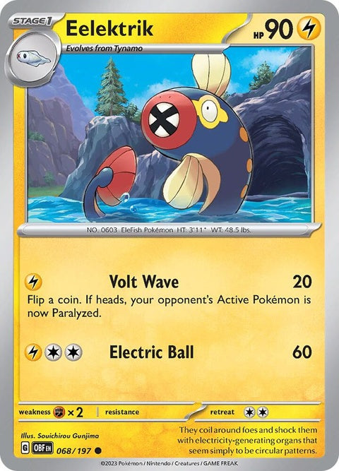 Pokémon Obsidian Flames Eelektrik 68 single card, featuring vibrant artwork of the Electric-type Pokémon in dynamic pose.