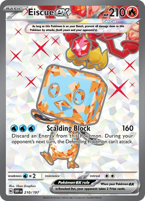Pokémon Obsidian Flames Eiscue EX card, featuring a detailed illustration of Eiscue in a fiery scene, from the Pokémon trading card game.
