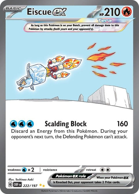 Pokémon Obsidian Flames Eiscue EX card, featuring a detailed illustration of Eiscue in a dynamic pose with fiery background.