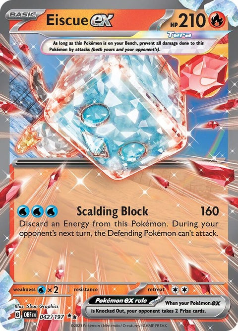 Pokémon Obsidian Flames Eiscue EX card, single card featuring Eiscue in a dynamic pose with fiery background.