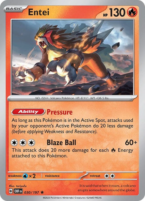Pokémon Obsidian Flames Entei 30-card single from the Pokémon trading card game, featuring a fiery Entei illustration