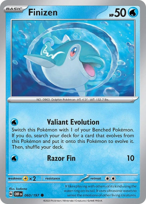 Pokémon Obsidian Flames Finizen 60/197 single card featuring a blue aquatic Pokémon with fins and a playful expression.
