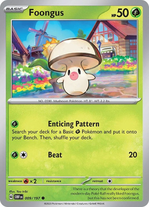 Pokémon Obsidian Flames Foongus single card, detailed illustration of the Pokémon with vibrant colors and intricate design.