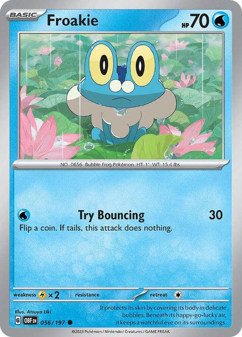 Pokémon Obsidian Flames Froakie 56 single card featuring a blue frog Pokémon with a fiery flame design in the background.