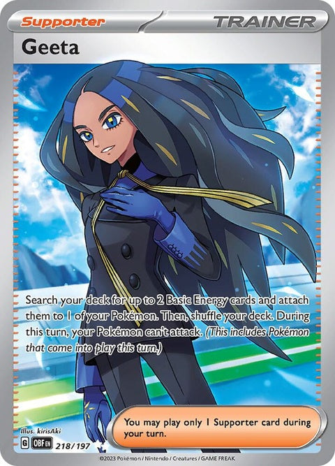 Pokémon Obsidian Flames Geeta single card featuring artwork of Geeta from Pokémon trading card game.