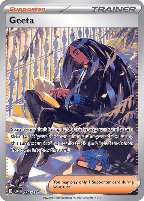 Pokémon Obsidian Flames Geeta single card featuring artwork of Geeta from the Pokémon trading card game.