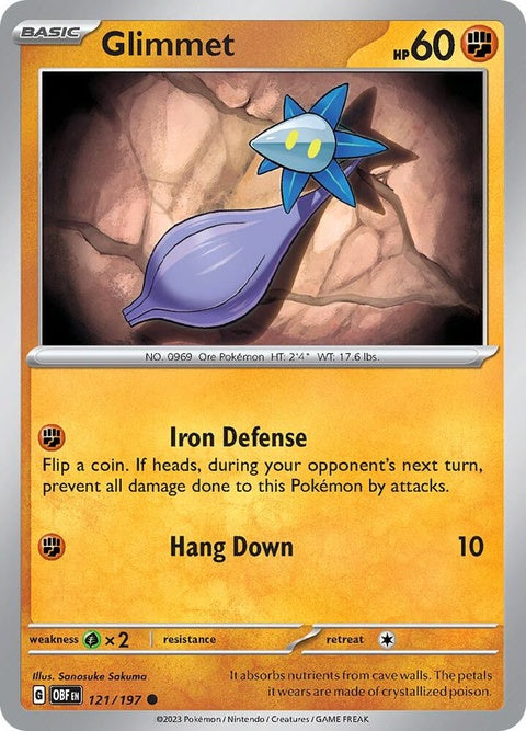 Pokémon Obsidian Flames Glimmet single card, vibrant illustration of a fiery Pokémon with detailed artwork.