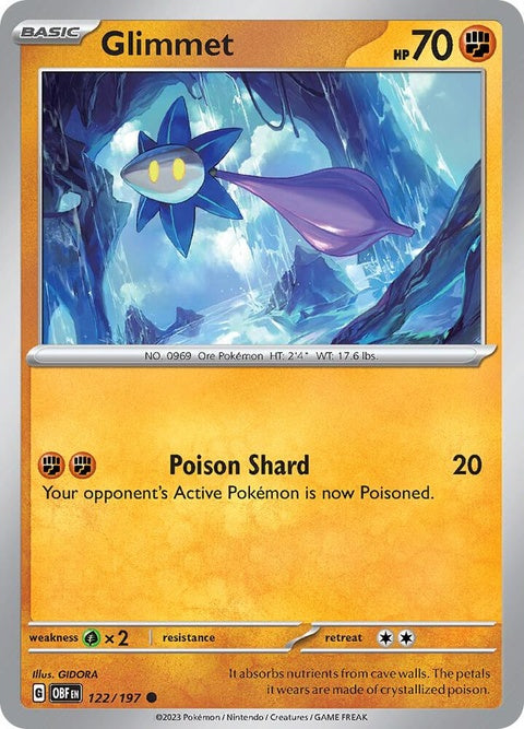 Pokémon Obsidian Flames Glimmet single card, vibrant artwork with fiery design, from the Pokémon TCG collection.