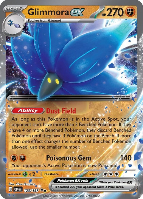 Pokémon Obsidian Flames Glimmora EX single card, featuring vibrant artwork of the Pokémon with a dynamic background.