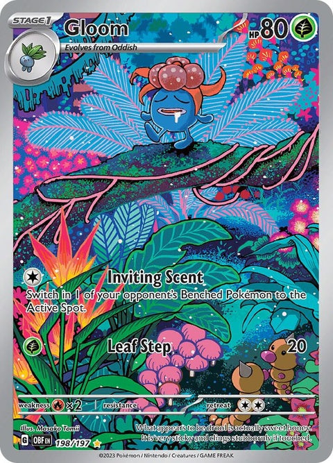 Pokémon Obsidian Flames Gloom card, single from the Gloom 198 series, featuring detailed artwork of the Pokémon Gloom.