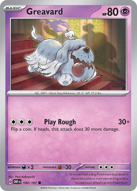 Pokémon Obsidian Flames Greavard single card, 100 HP, detailed artwork, featuring ghostly dog Pokémon in a dark fiery background