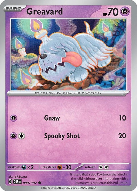 Pokémon Obsidian Flames Greavard 99 single card front view with artwork and details on a white background
