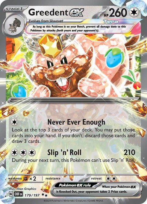 Pokémon Obsidian Flames Greedent EX card, detailed illustration featuring the Pokémon in a dynamic pose.