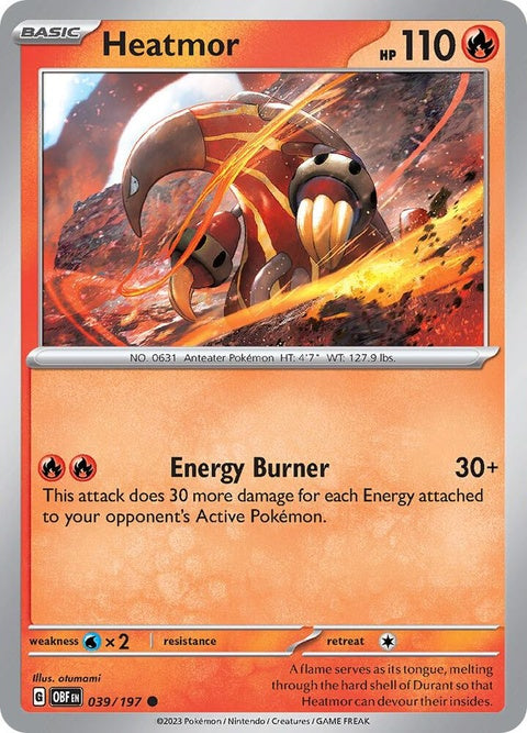 Pokémon Obsidian Flames Heatmor 39 singles card featuring artwork of the fiery Pokémon Heatmor on a dark background.