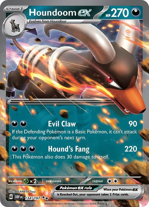 Pokémon Obsidian Flames Houndoom EX card, featuring artwork of a fierce dark and fire-type Pokémon in a dynamic pose.