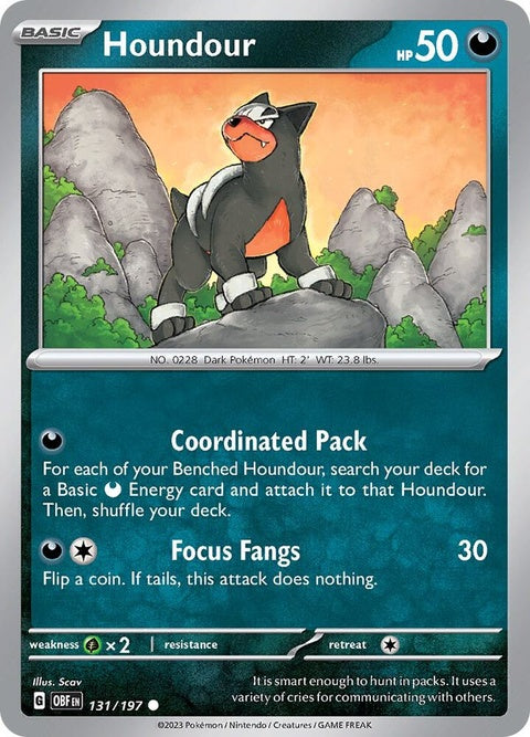 Pokémon Obsidian Flames Houndour 131 single card featuring Houndour with fiery design and detailed artwork.
