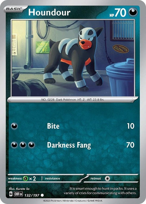 Pokémon Obsidian Flames Houndour 132 single card featuring Houndour with fiery artwork and detailed Pokémon branding.