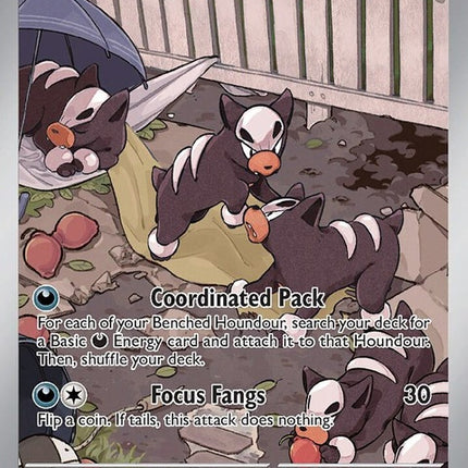 Obsidian Flames Pokémon card featuring Houndour, a dark and fire-type Pokémon from the Pokémon brand, on a vivid background.