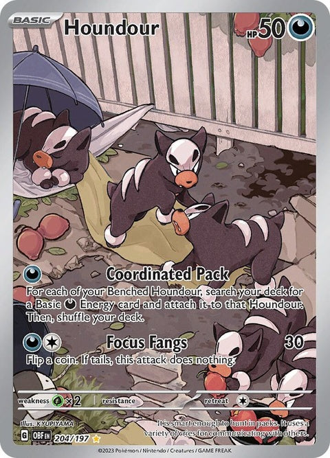 Obsidian Flames Pokémon card featuring Houndour, a dark and fire-type Pokémon from the Pokémon brand, on a vivid background.