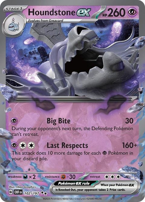 Pokémon Obsidian Flames Houndstone EX card, singles, detailed illustration of Houndstone Pokémon in energetic pose.