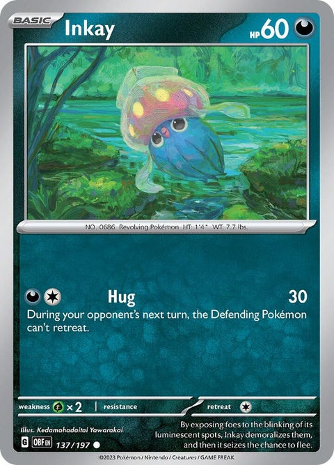 Pokémon Obsidian Flames Inkay single card featuring Inkay Pokémon from the Obsidian Flames set.