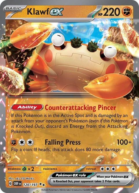 Pokémon Obsidian Flames Klawf Ex single card, featuring detailed artwork of Klawf Ex from the Pokémon trading card game.