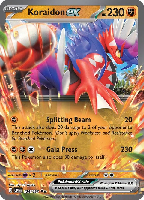 Pokémon Obsidian Flames Koraidon EX card, featuring detailed artwork of the legendary Pokémon in a dynamic pose.