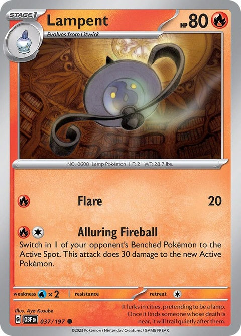 Pokémon Obsidian Flames Lampent Pokémon card, showcasing the illustrated Pokémon character with vibrant colors and detailed design.