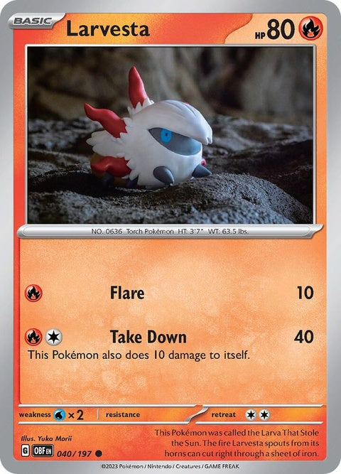 Pokémon Obsidian Flames Larvesta card, singles edition, featuring vibrant artwork of the Fire and Bug-type Pokémon.