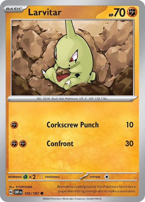 Pokémon Obsidian Flames Larvitar single card, detailed artwork featuring Larvitar from the Pokémon trading card game.